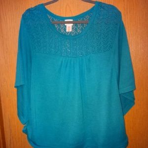 NEW - Teal Sweater, Lace Neckine, Dolman Sleeves, XXL